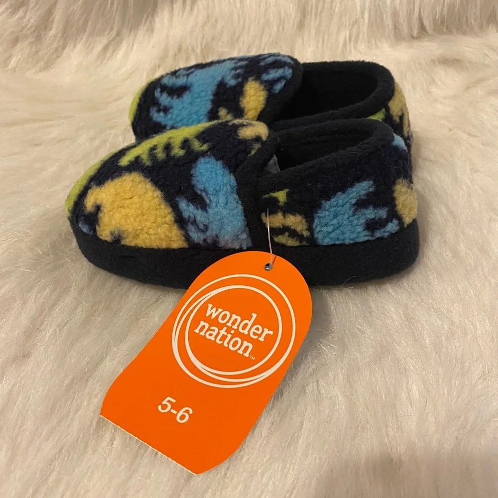 Wonder Nation Slippers Boys Size 5-6 Blue Forest Animals Slip On Shoes‎